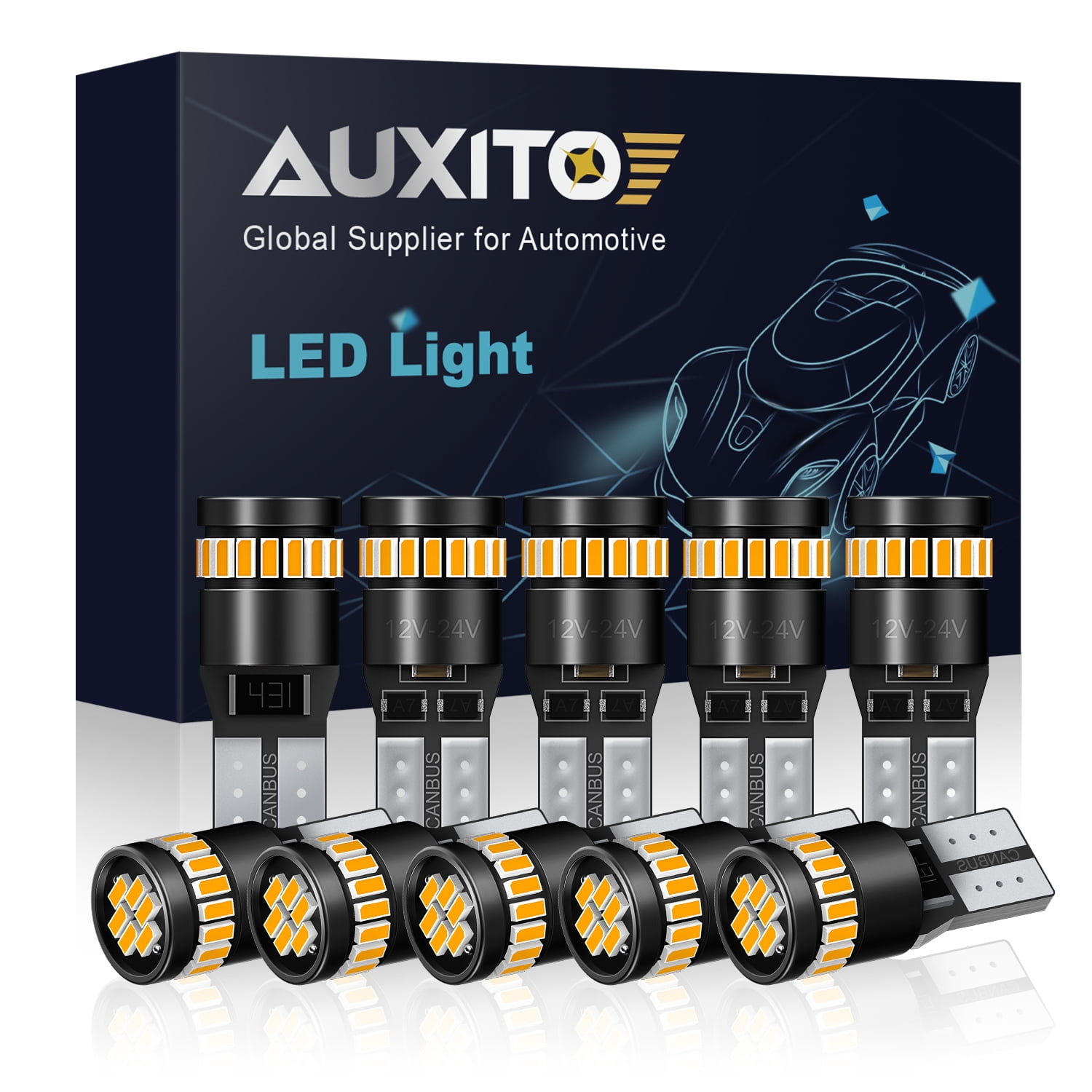 AUXITO 194 LED Light Bulb, Amber Yellow 168 2825 W5W T10 Wedge 24-SMD 3014 Bright Car Dome Map Door Marker Lights, Pack of 10 - Walmart.com