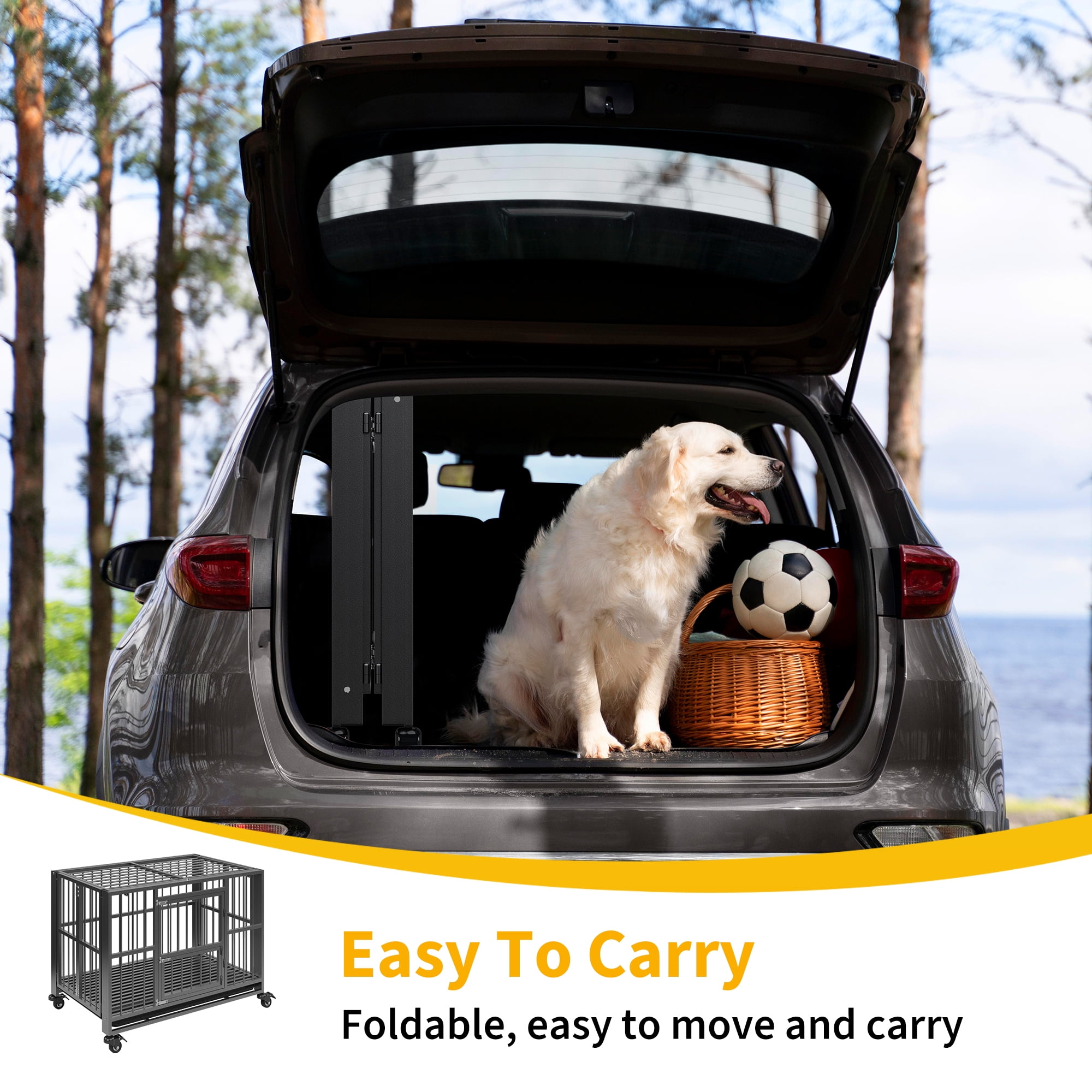 Betisef Heavy Duty Dog Crate, Folding Dog Kennel No Assembly with Lockable Wheels, Double Door Indoor/Outdoor