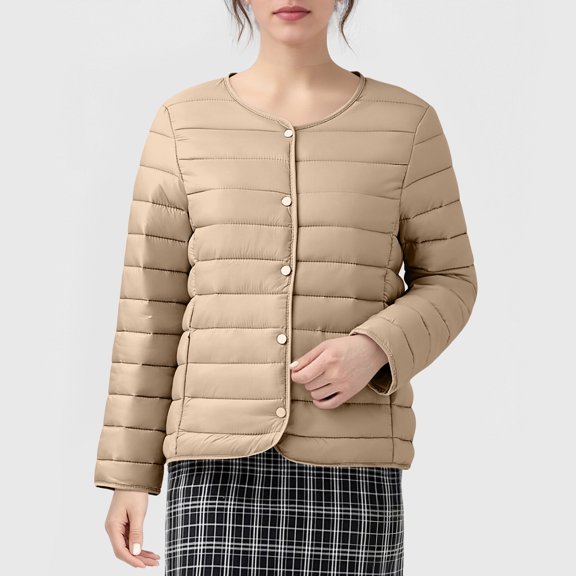 Women Winter Quilted Jackets Lightweight Collarless Button Coat Short Inner Liner Jacket Overcoat Khaki 4XL