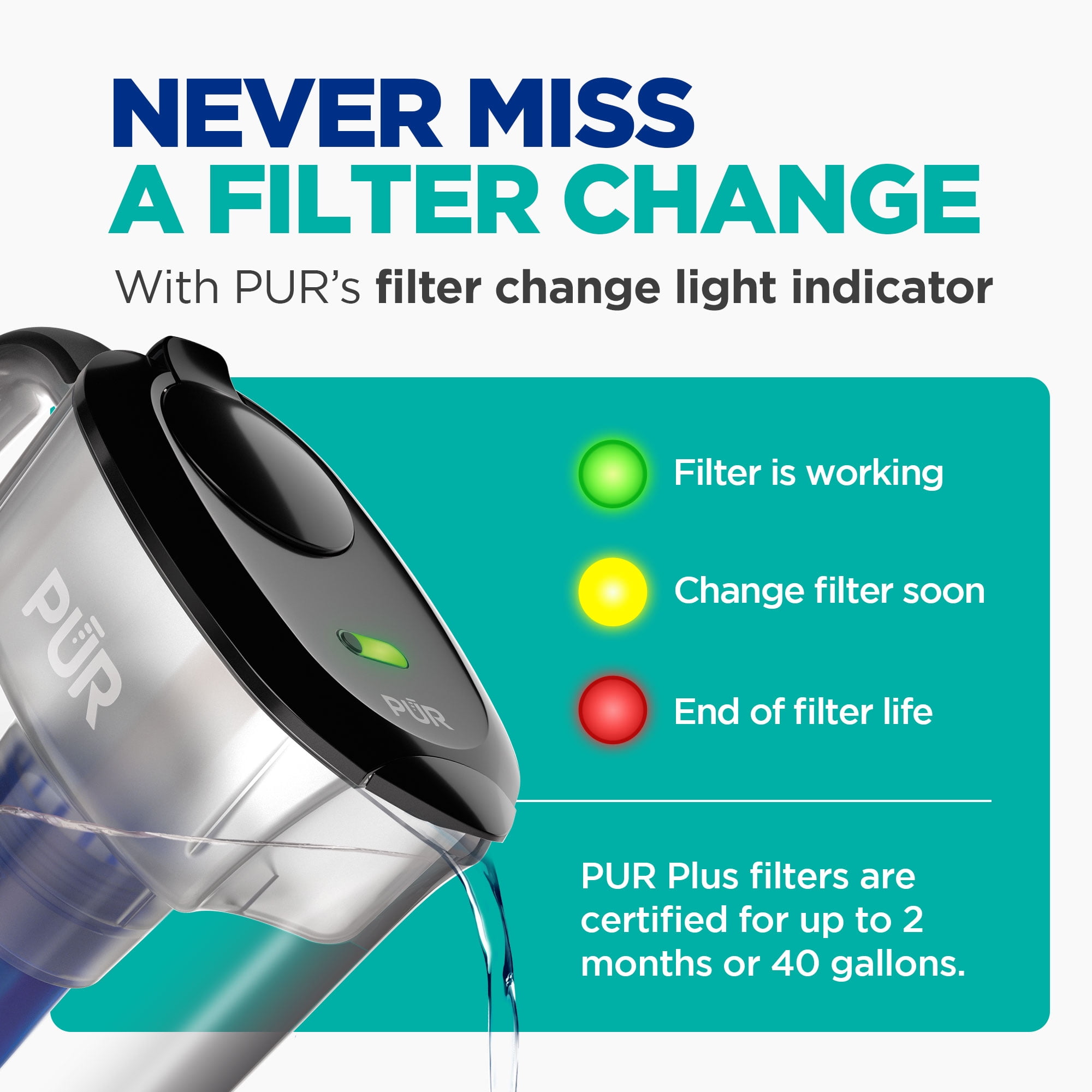 PUR PLUS 11 Cup Water Pitcher with Lead Reducing Filter, W 9.6" x H 10.1" x L 4.5", Smoke, PPT111BA