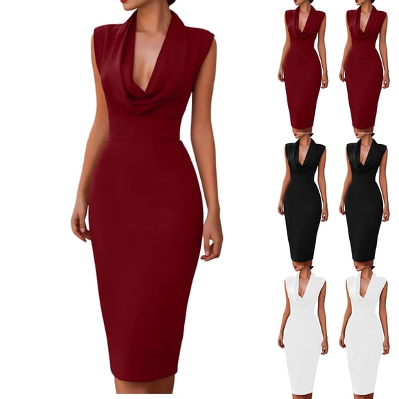 Women's Midi Pencil Dress Sleeveless Draped Cowl V Neck Elegant Sheath Dress formal office Cocktail Wedding Guest Dress Evening Gown White