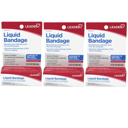 Leader Liquid Bandage with Benzethonium Chloride 0.2% , First Aid Antiseptic, Seals to Protect, for Small Cuts & Wounds, 1 fl oz - 3 Pack