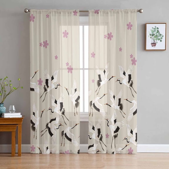 ERUNPONLY Japanese White Crane Sheer Curtains 84 Inch Length 2 Panels Set, Pink Cherry Blossoms Vintage Beige Voile Window Treatment Curtains Sheers Drapes for Bedroom/Living Room/Kitchen 52"x84"x2