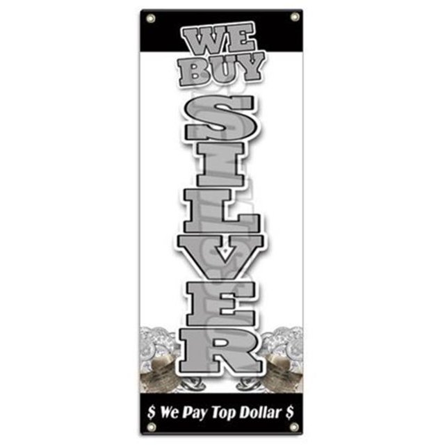 SignMission B-We Buy Silver Vertical We Buy Silver Vertical Banner Sign - Gold Appraisals Watches Precious Stones Rings