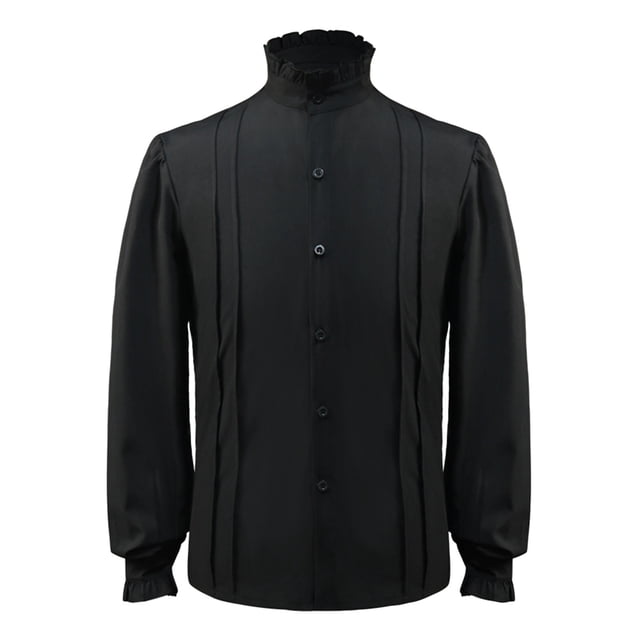 Camisa gótica de hombre con cuello alto y mangas abullonadas, ribete de encaje, poliéster, para todas las estaciones, elegante para fiestas/vacaciones.