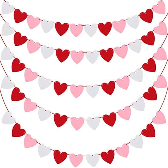 Valentine Felt Heart Garland, Pre-Strung Red Pink White Banner for Decor, 6 Set