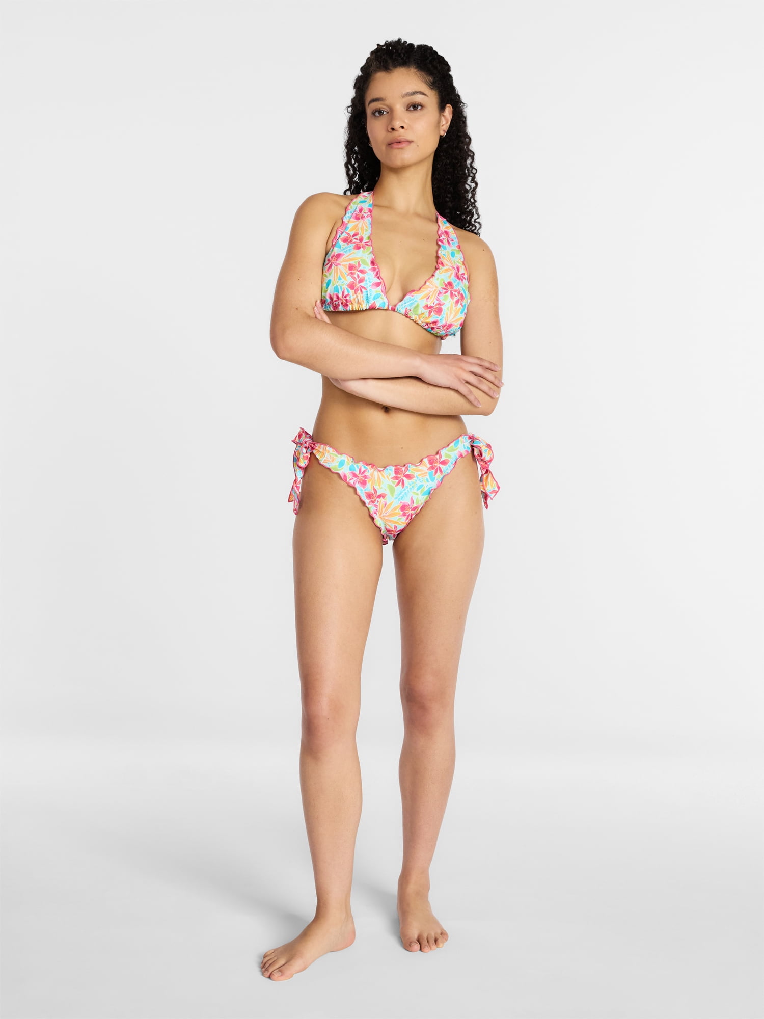 No Boundaries Lettuce Edge Side Tie Bikini Bottoms, Women's XXS-XXL