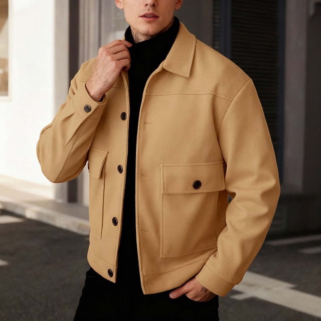 Ceisia Men's Turndown Collar Functional Pockets Solid Gift Color Jacket - 50%Wool-50%Polyester for Daily & Outdoor Wear