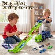 Huge Wave Toddler Truck Race Track Toys for Boys, Foldable 2.8-Ft Race Track, Dinosaur Truck Transport Toy, with 6 Die-Cast Race Car, Birthday Gifts for Kids