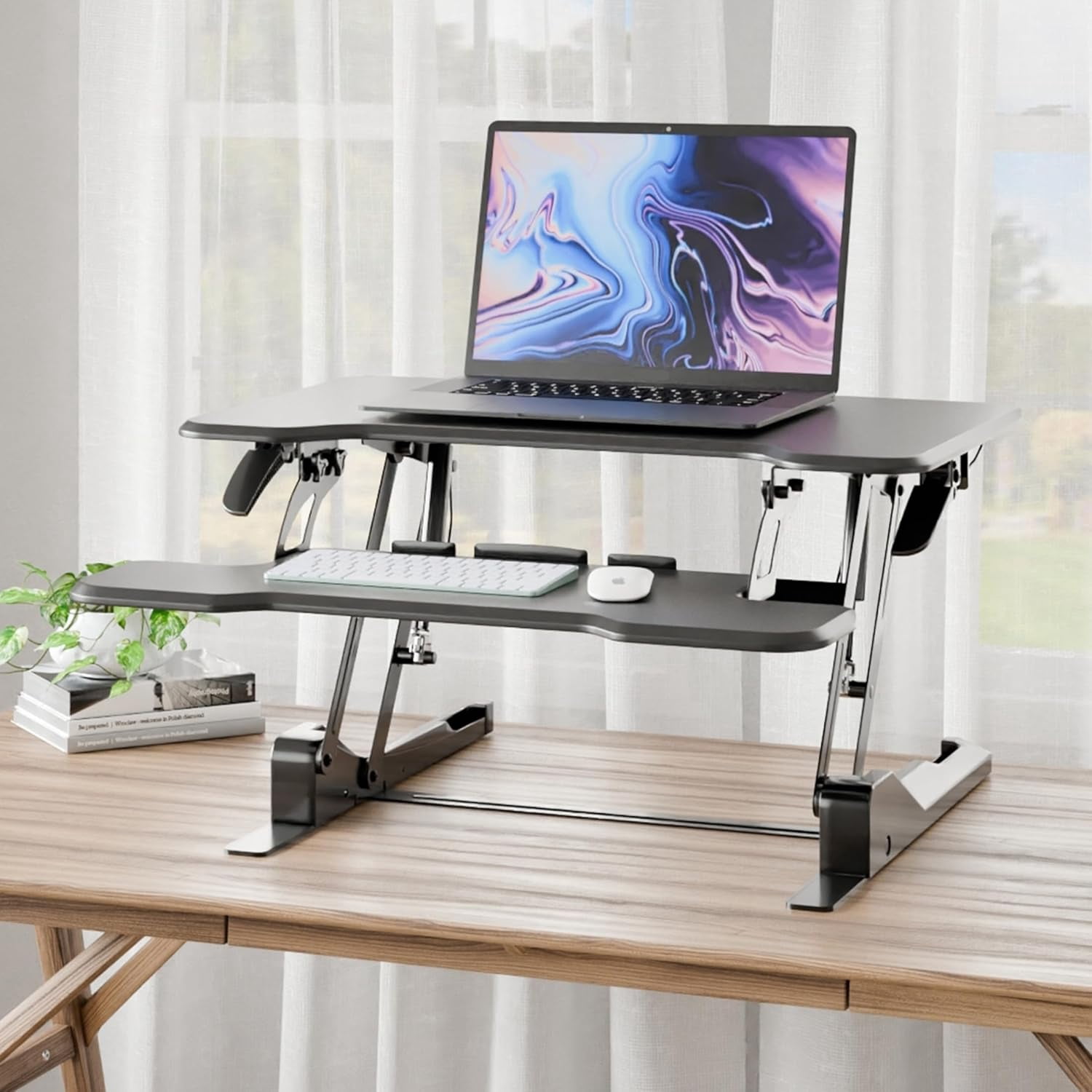 AINUO Height Adjustable Standing Desk Converter, 30 Inch Wide Gas Spring Compact Tabletop Standing Desk Riser, Black Stand Up Desktop Desk with Keyboard Tray for Monitor and Laptop Home Office Use