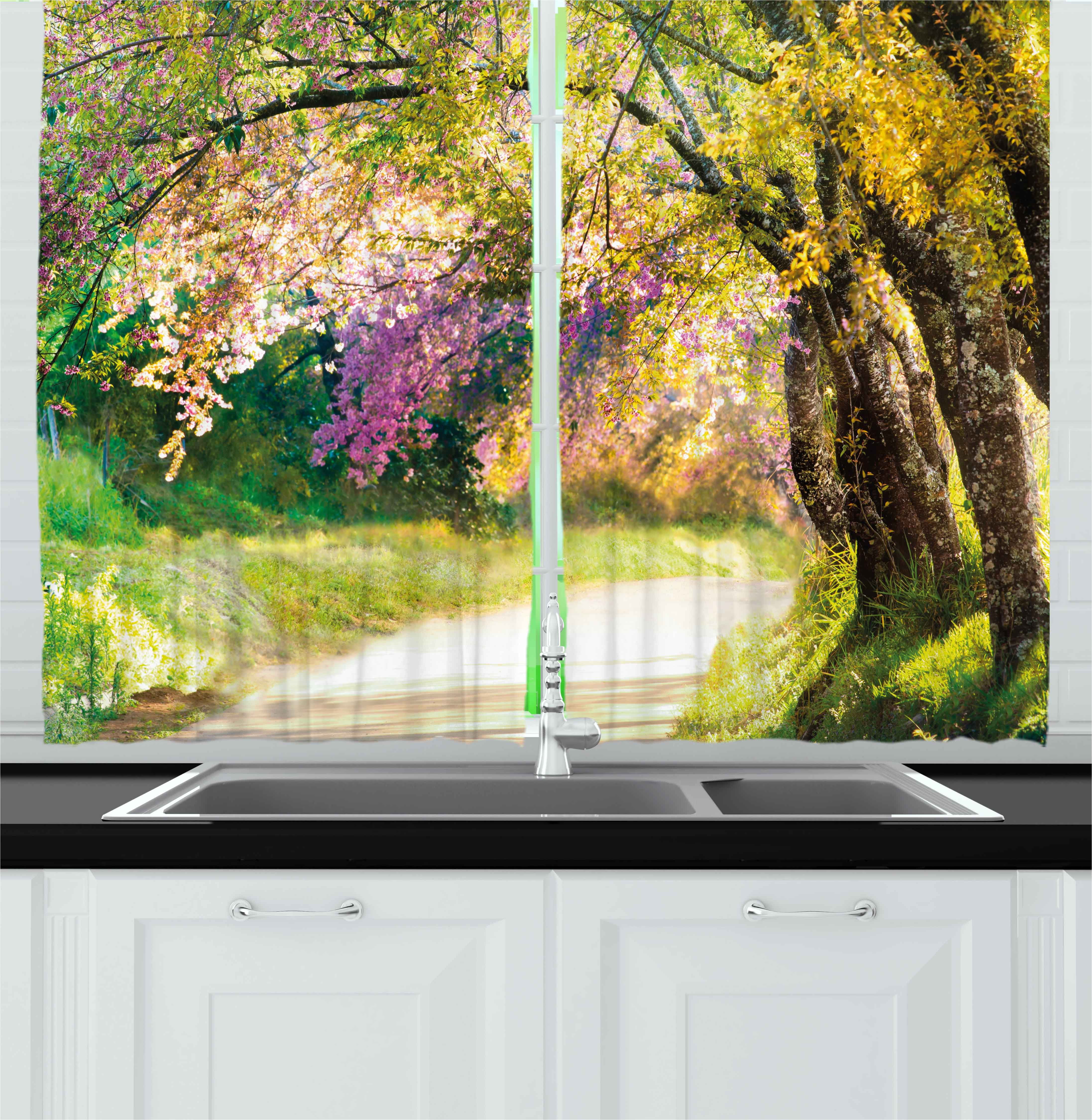 Landscape Curtains 2 Panels Set, Blurry Spring Park View with Walkway