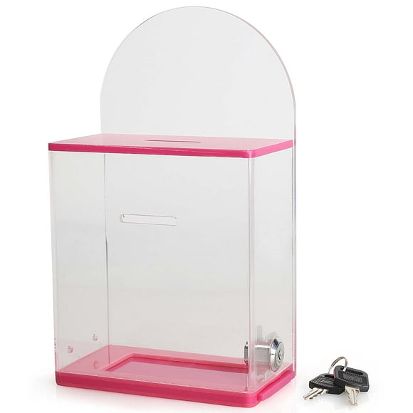 Acrylic Donation Suggestion collection Box Pre Drilled Holes For Wall mounted Or Retail Countertop Tip Box with round back wall display area 10 x 6 inches, Lock With set of keys (Pink)