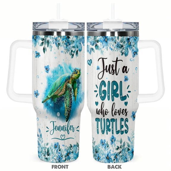40oz Girl Who Loves Turtles Insulated Tumbler with Handle and Straw Blue Floral Sea Turtle Travel Cup Gift