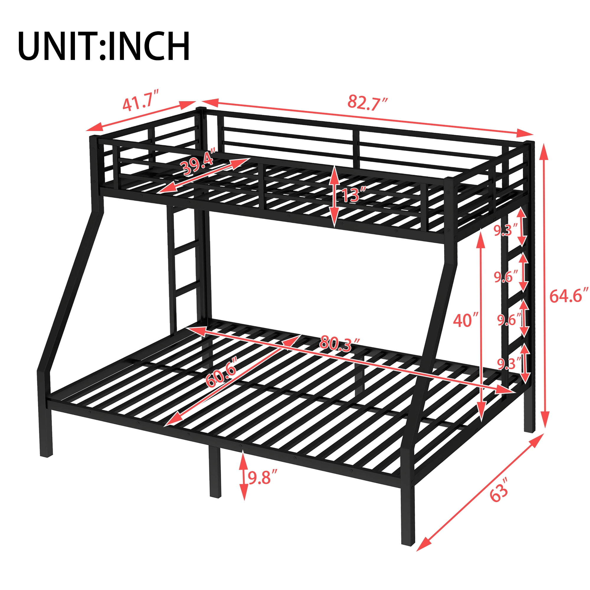 Metal Bunk Bed, Twin XL Over Queen Bunk Bed, Space-Saving Bed Frame with Noise Reduced Design and Safety Guardrails, No Box Spring Needed, 300LBS/600LBS Capacity, Black