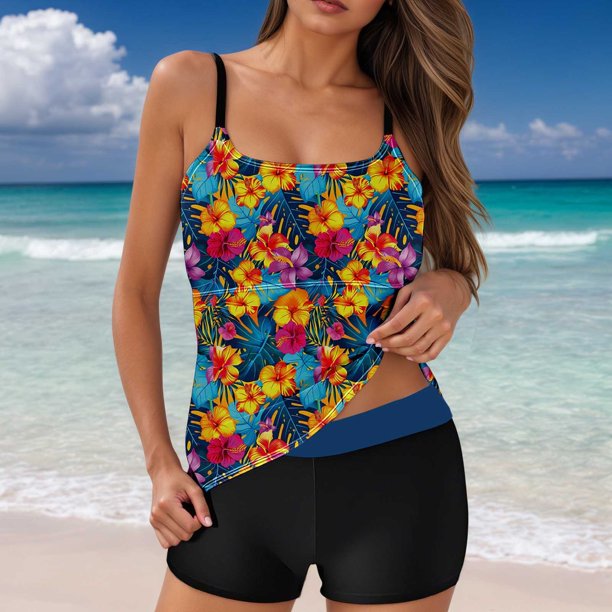 WILLBEST Traje de Baño Mujer Natación Conjunto de Bikini Con Estampado Floral Para Mujer Traje de Baño de Dos Piezas de Cintura Alta Tankini Con Tirantes Traje de Baño de Playa Para Verano Primavera