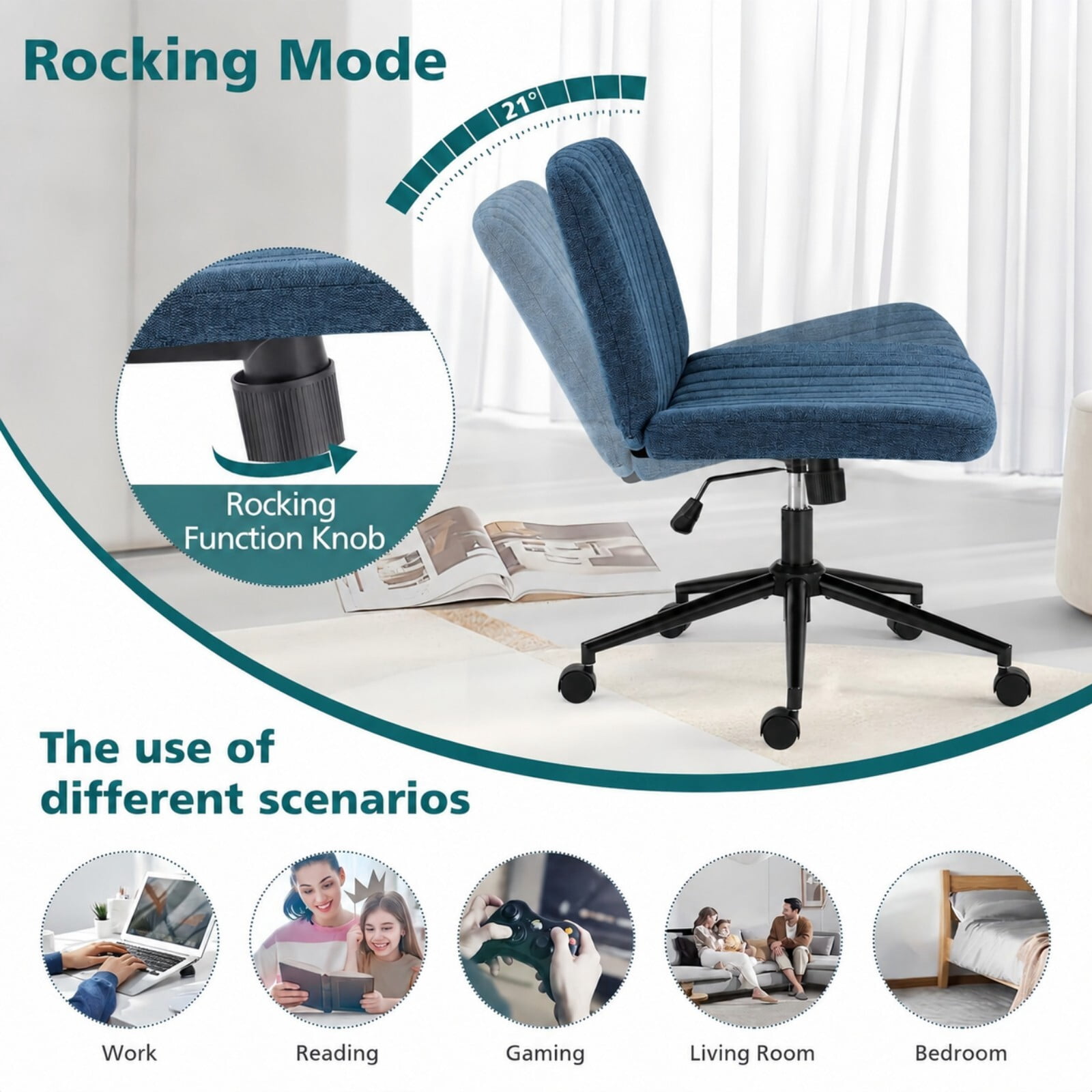 Kelno Armless Criss Cross Office Chair with Wheels 300lb Capacity Wide Seat Cross Legged Desk Chair Height Adjustable Swivel Vanity Chair, Blue Linen
