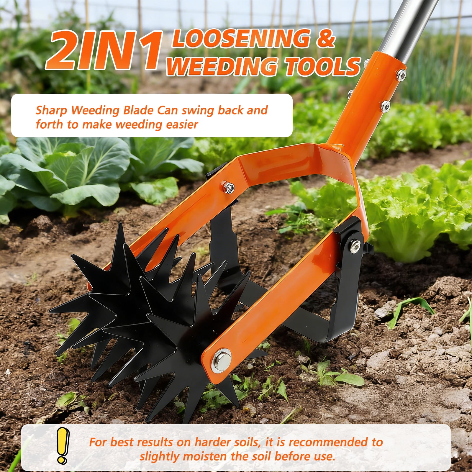 ROMUCHE Rotary Cultivator, Adjustable Long Handle Hand Tiller with Star Tines, 2-in-1 Manual Weeder for Lawn Care & Soil Mixing