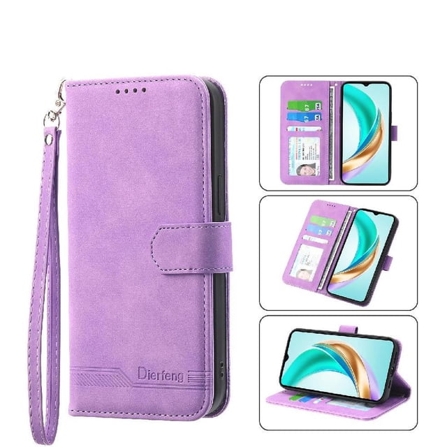 Funda Tipo Billetera para Honor X6B Carcasa Abatible con Porta Tarjetas, Bolsillo para Efectivo, Soporte Ajustable, Cierre Magnético y Correa de Muñeca Morado
