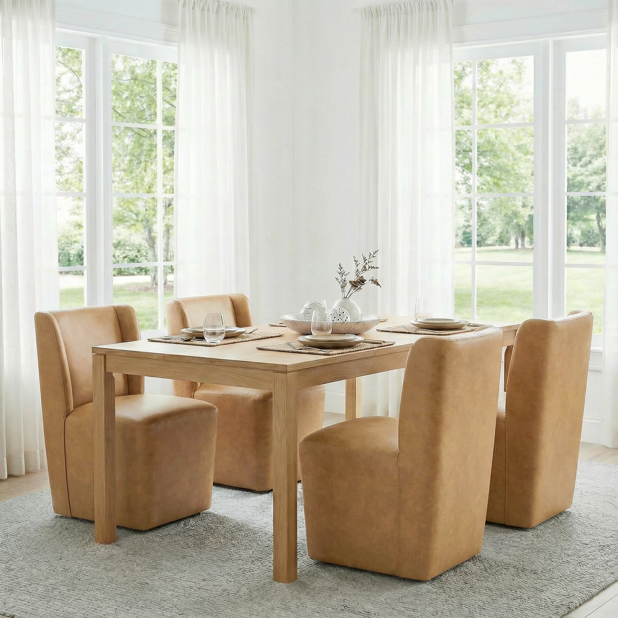 Spruce & Spring Modern Upholstered Dining Chair with Wingback and Hidden Casters, Single, Faux Leather in Cognac