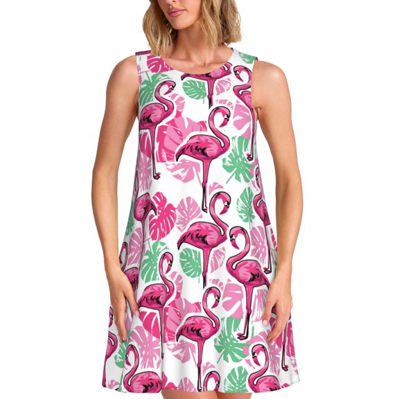 Ratiio Flamingo Pattern Women's Sleeveless Dress - Casual Summer Dress with Pockets, Above Knee Length, Round Neck, Ideal for Beach, Vacation, Work