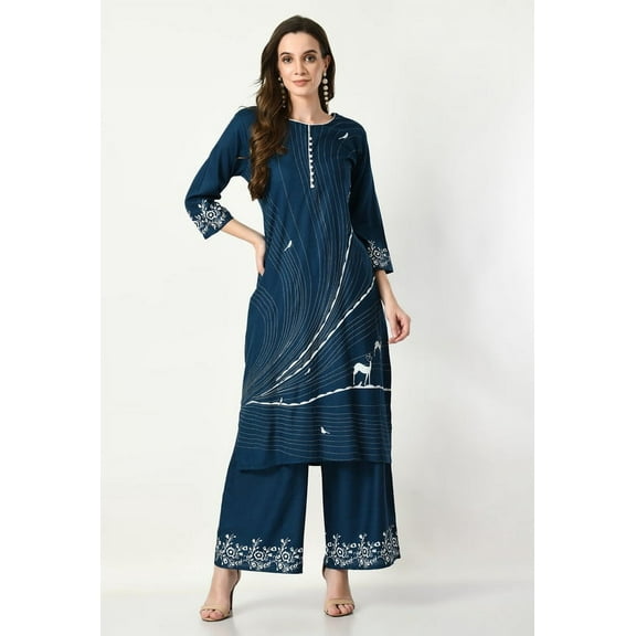 S MAJIDA Kurta Set for Women Pigment Print Rayon Kurta Palazzo with 3/4 Sleeve