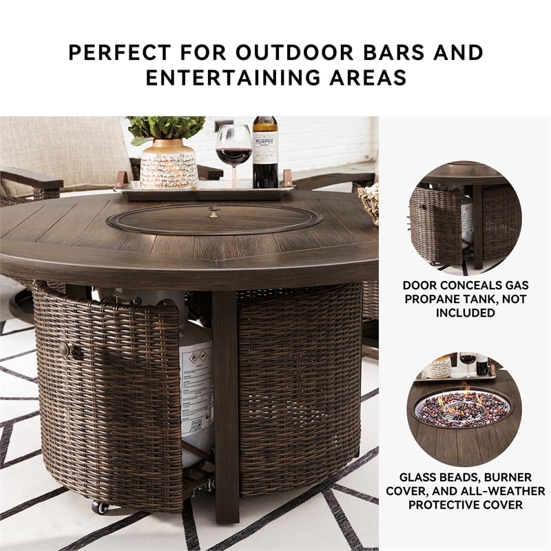 Signature Design by Ashley Paradise Trail Round Fire Pit Table in Medium Brown