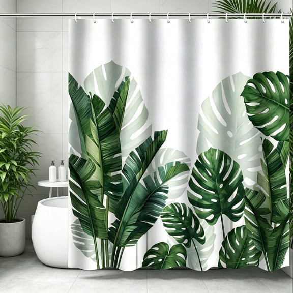Tropical Green Leaf Fabric Shower Curtain – 72" x 72", Washable, Botanical Monstera Palm Print, Includes Hooks for Home Hotel