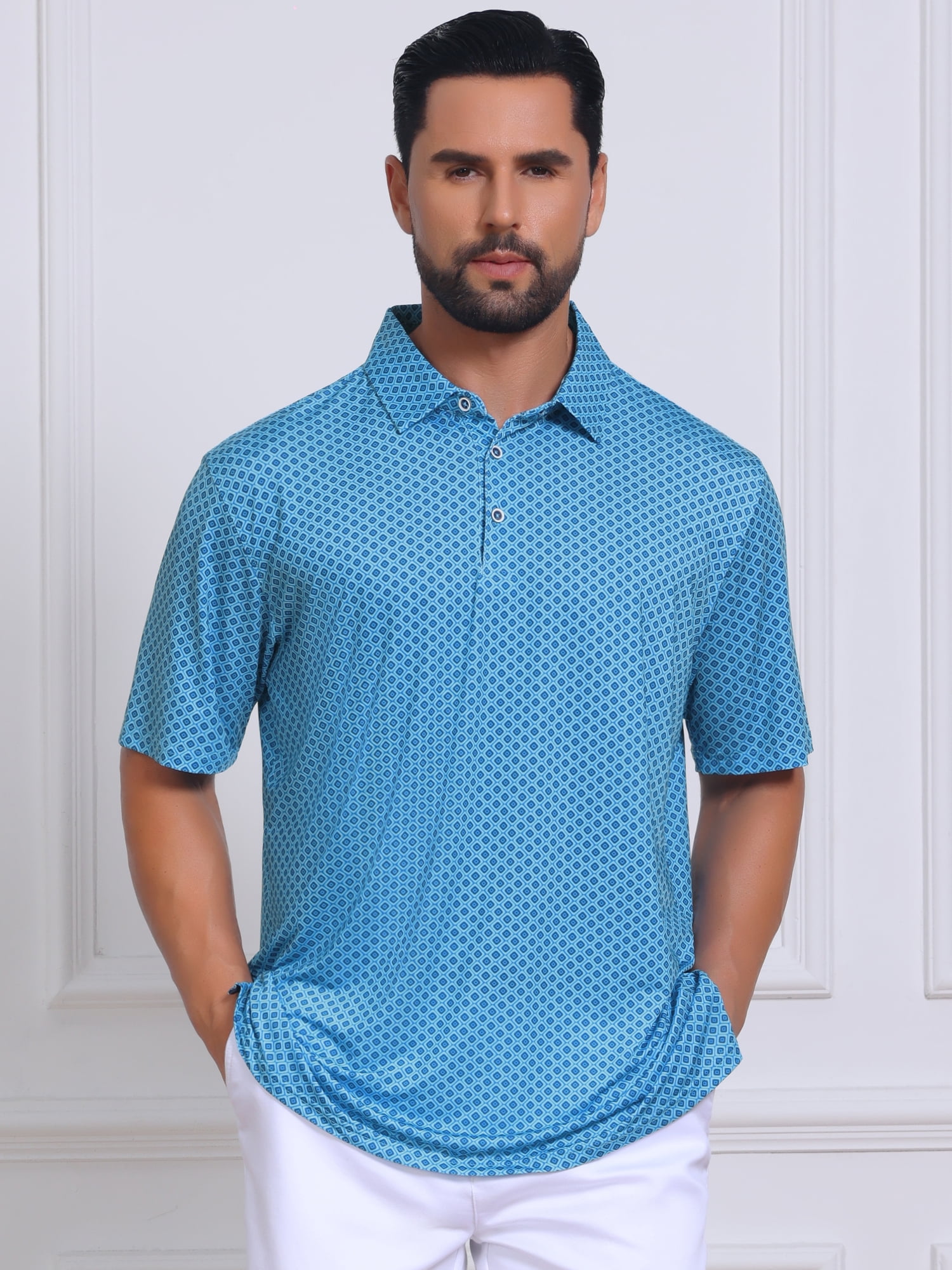 DARING DIVA Men's Printed Short Sleeve Lightweight Breathable Polo Shirts XL Sky Blue