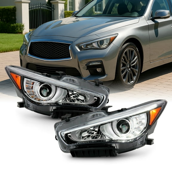 AKKON - Fits 2014-2022 InFiniti Q50 w/o AFS LED Projector Chrome Clear Headlights Pair Driver Left   Passenger Right