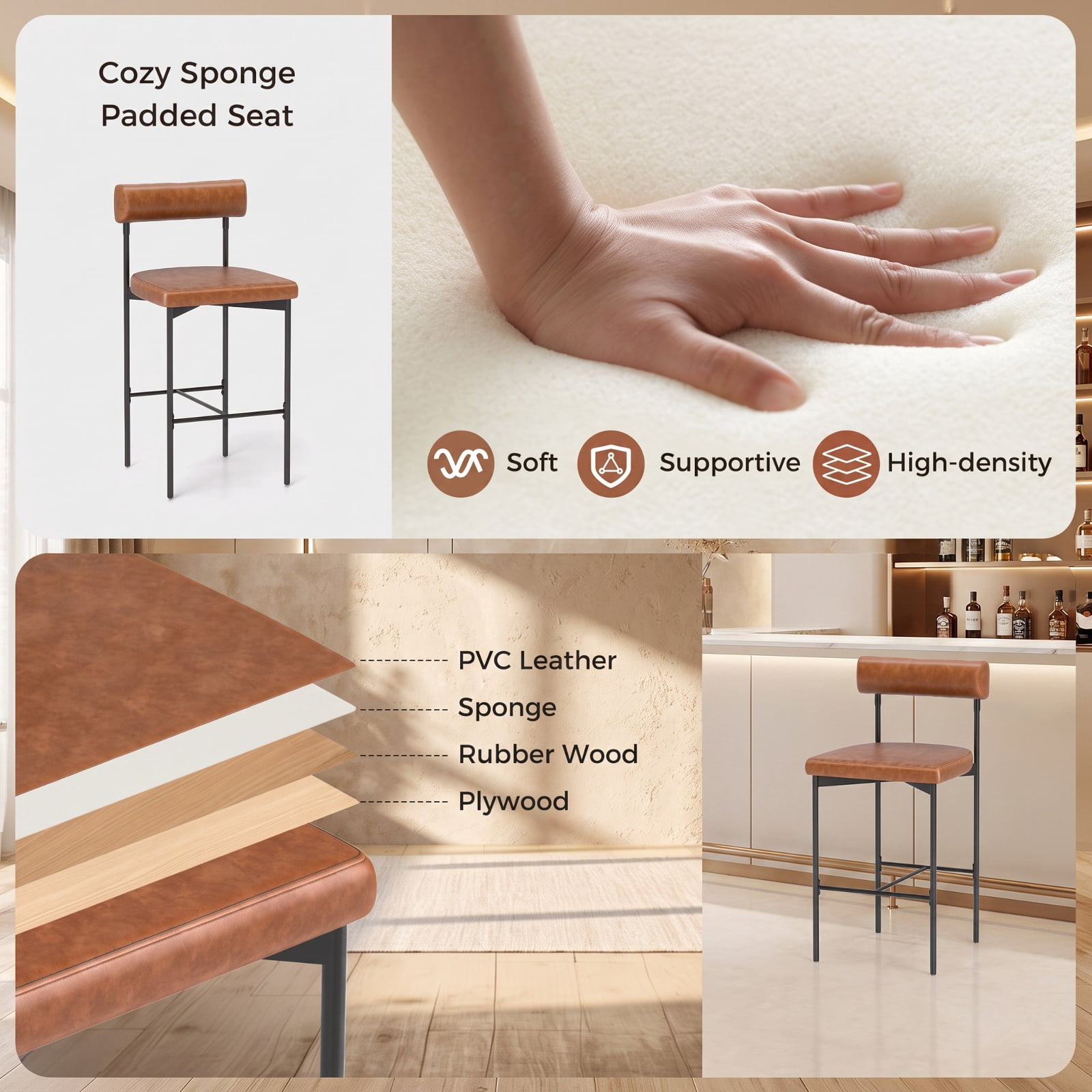Furnibear 26 Inch Upholstered Bar Stools Set of 2 Counter Height Bar Chairs with Backrest for Kitchen Island Counter Bar Pub Dining Home, Brown