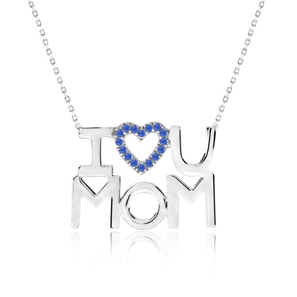 JeenMata Collar con Colgante de Corazón Abierto Adornado con Piedra Azul Oscuro Te Amo Mamá en Oro Blanco de 18 K sobre Plata - Piedra Natal de Septiembre - Regalo para Mamá