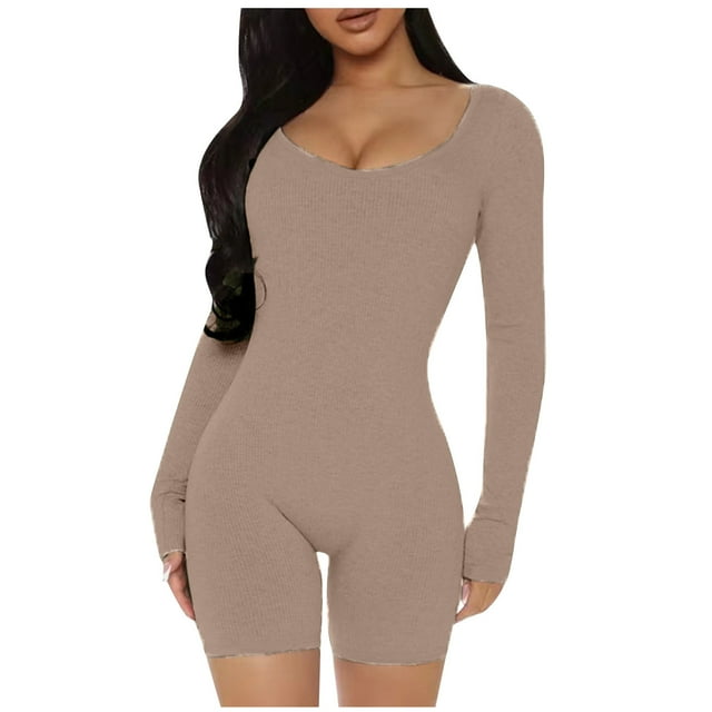 Combinaisons pour Femmes Yoga Manches Longues Col Rond Côtelé Sport Ajusté Combinaison Chat Justaucorps pour Femmes