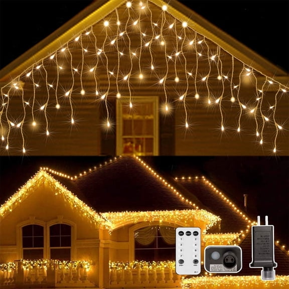 Icicle Lights Outdoor, 33ft Christmas Lights with 400LED 75 Drops 8 Modes, Plug in Curtain String Lights Waterproof for Holiday Wedding Party Home Garden Bedroom Indoor Decoration, Warm White