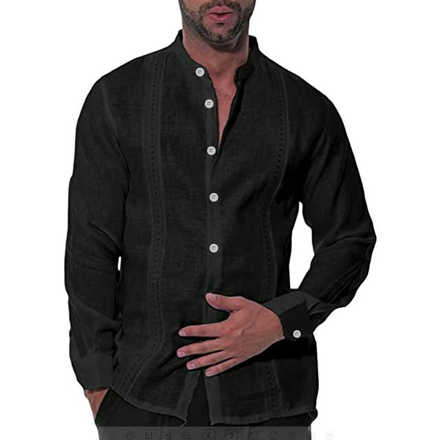 Innerwin Chemises Boutonnées pour Hommes, Col Montant, Tunique Simple, Noir TG