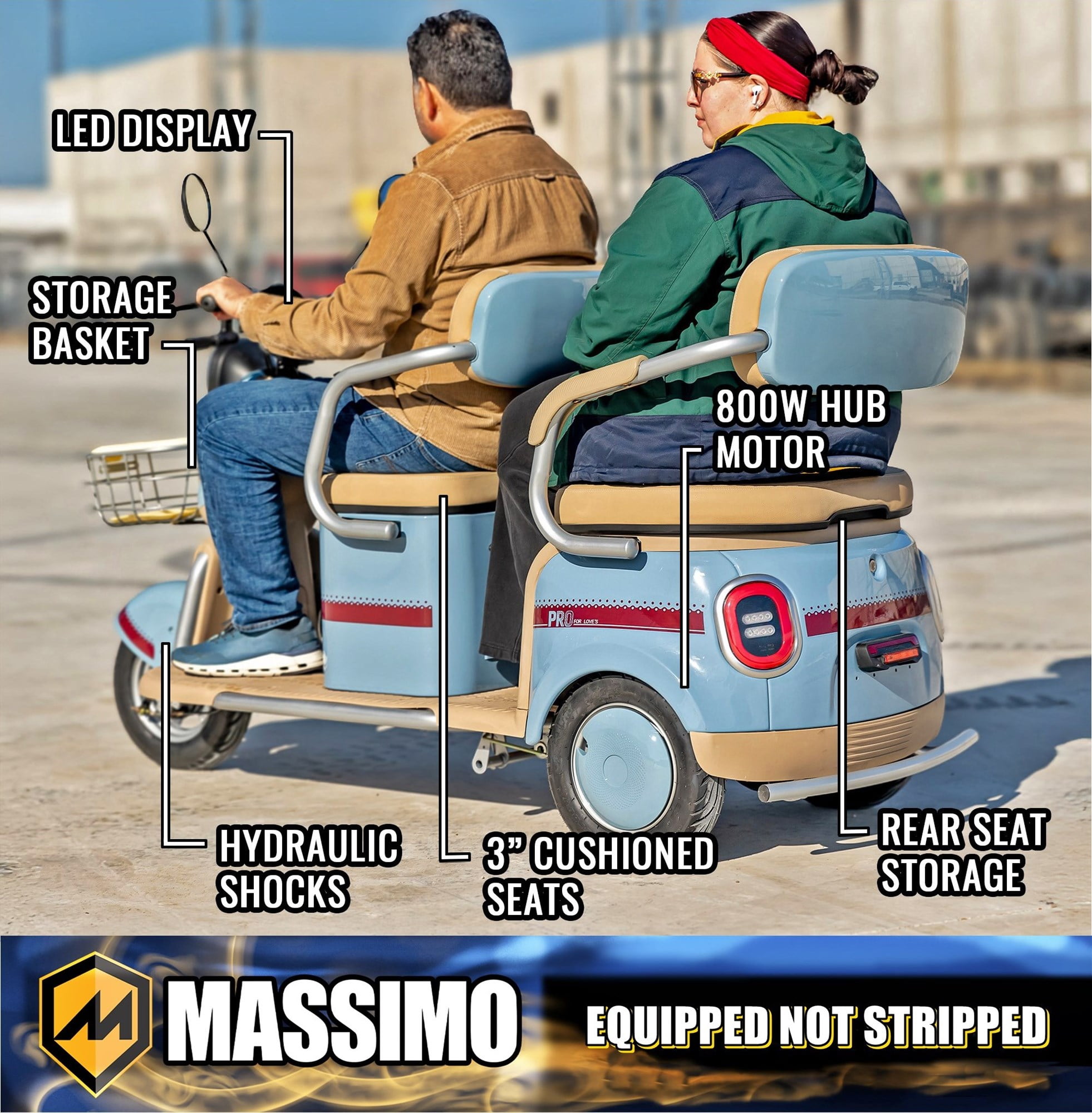 Massimo MGC E-Trike 3-Wheel Electric Cart – 17 MPH, 2-Seater Adult Scooter – Blue