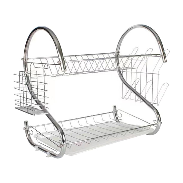 Escurridor de platos de 2 niveles, organizador de cocina, organizador de vajilla, soporte para secar platos con soporte para utensilios para comedor y 38cm