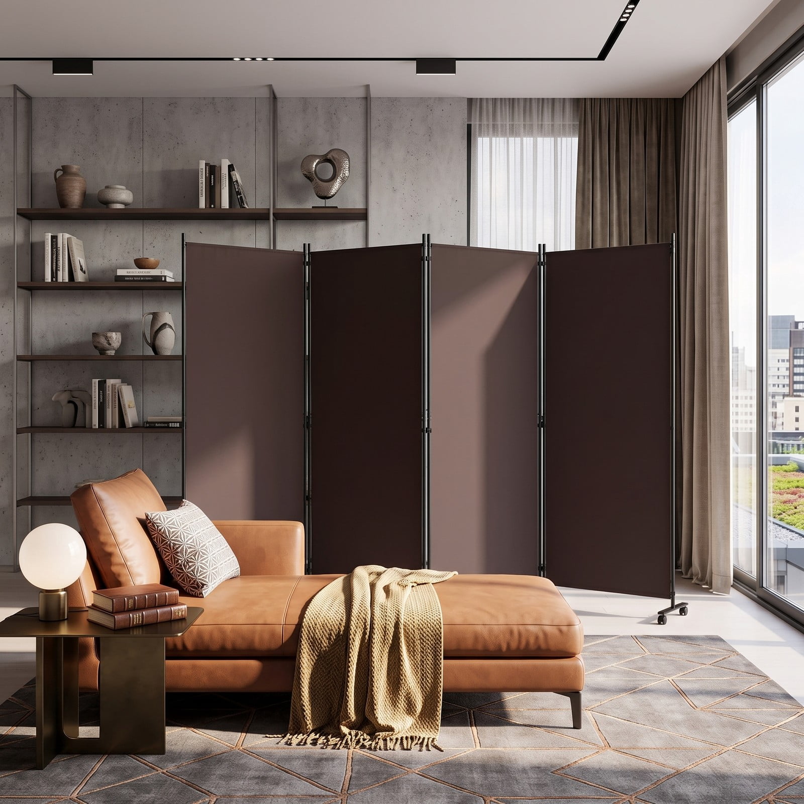 ALPULON 4 Panel Folding Privacy Screen Room Divider with Universal Wheels, Portable Freestanding Polyester Fabric Partition Panel for Bedroom Living Room Office, Brown