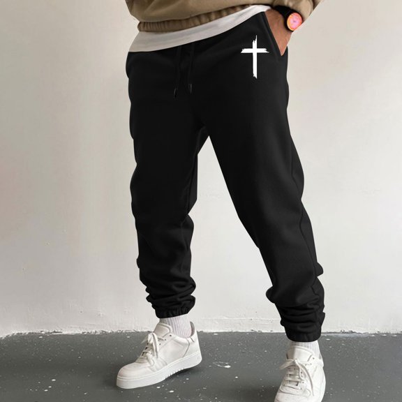 Men's Cross Print Joggers, Slim Fit Tapered Cuff Sweatpants with Elastic Drawstring Waist, Casual Athletic Lounge Pants for Gym, Running, and Workout Black L