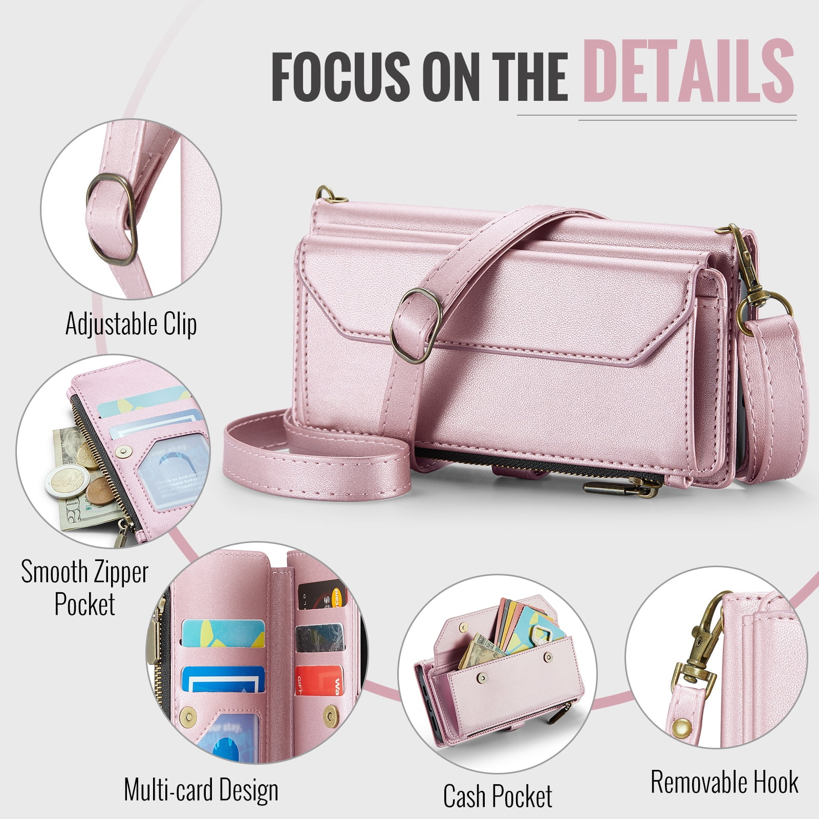 Compatible with iPhone 15 Plus 6.7 inch Zipper Wallet Phone Case Tempered Glass Screen Protector Crossbody Lanyard Strap Flip Card Holder Slot Cell Cover for i Phone15 15+ i15+ 15Plus Women Rose Gold