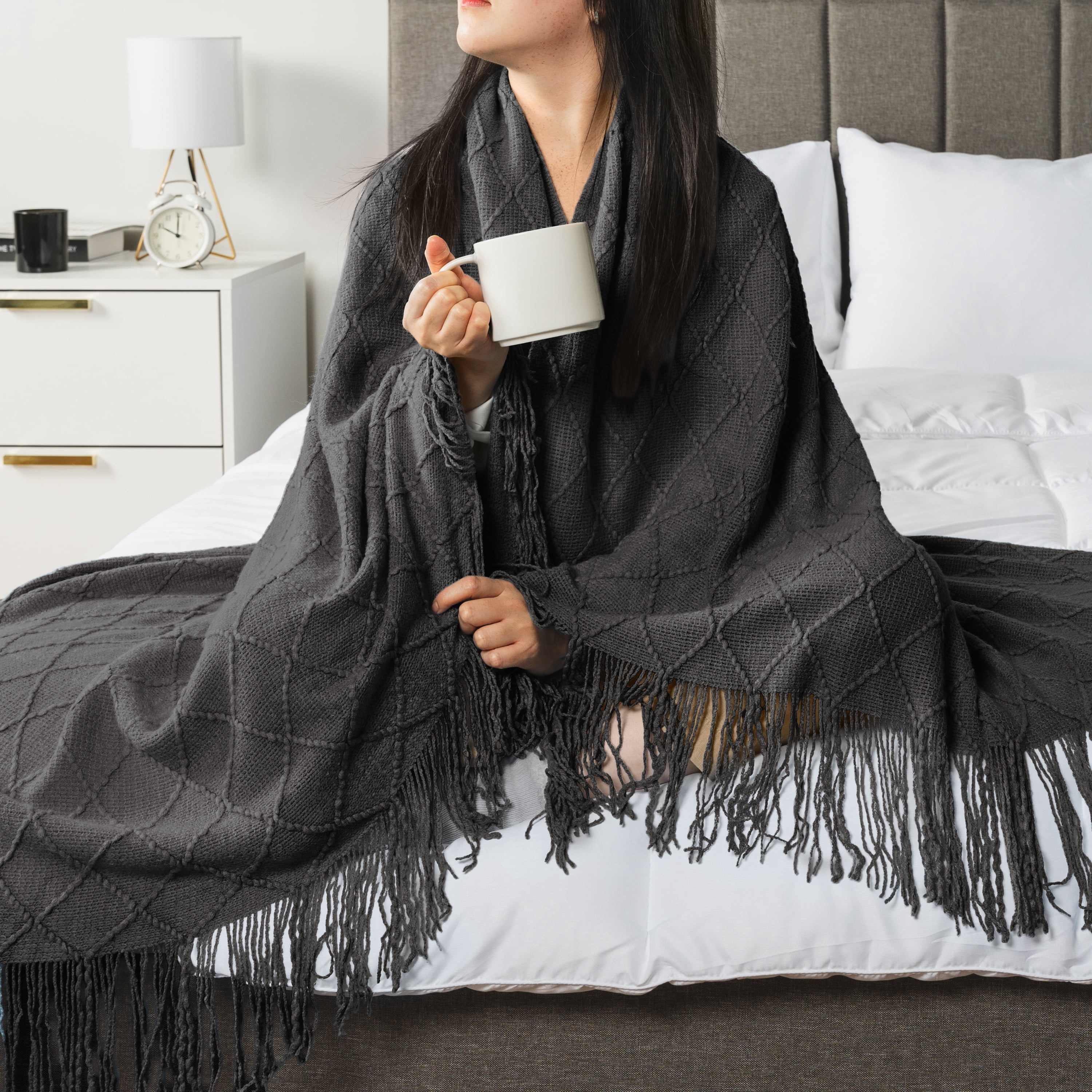 PAVILIA Dark Gray Knit Throw Blanket for Couch, Twin Bed, Soft Knitted Farmhouse Sofa Throw for Living Room, Lightweight Decorative Summer Blanket for Chair, Outdoor Textured Boho Blanket, 60x80