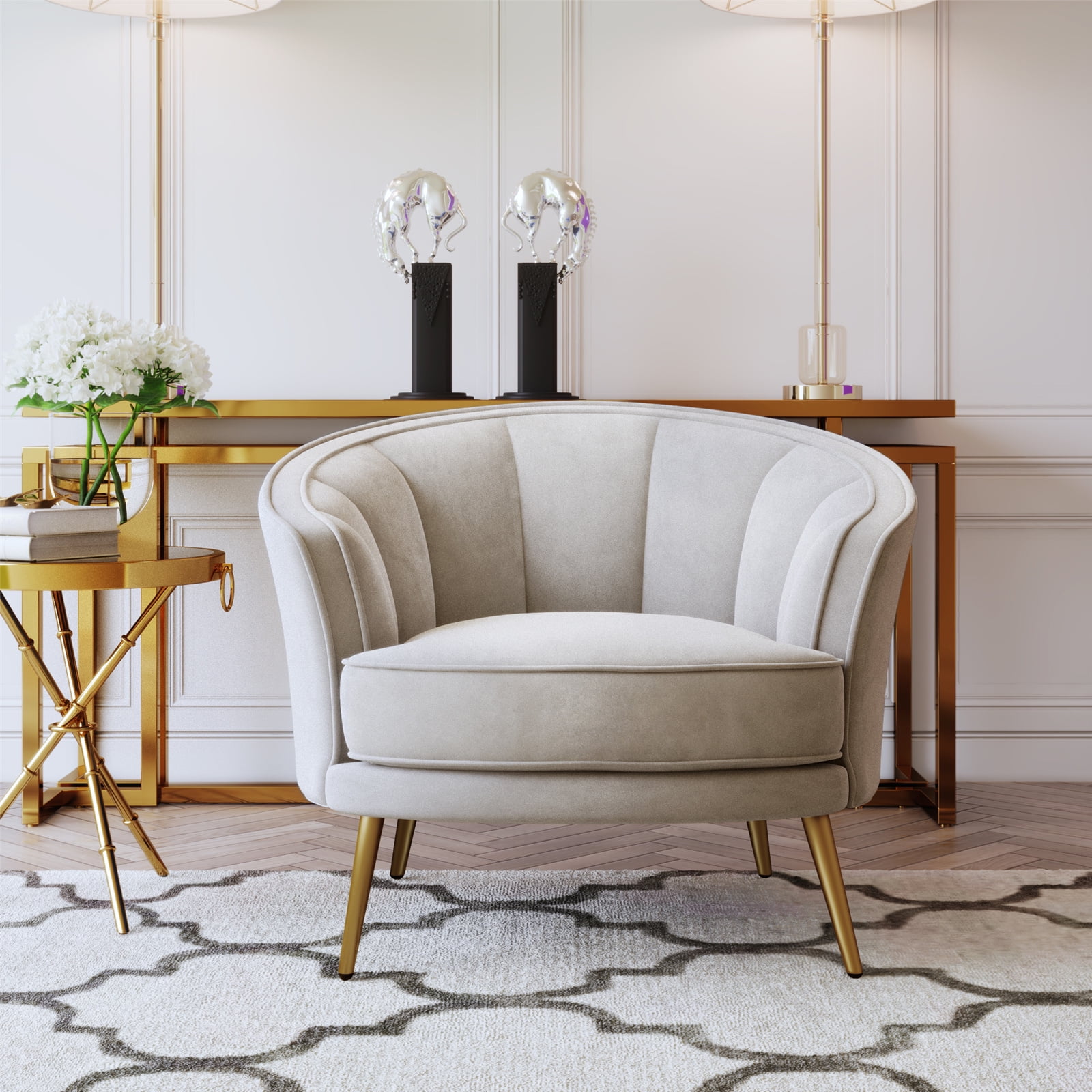 Velvet Accent Barrel Chair, Modern Seashell Tufted Upholstered Barrel