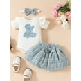 thumbnail image 4 of Baby Girls Skirt Outfits Bear Embroidery Short Sleeve Romper with Tweed Mini Skirt and Bow Heaband 3 Pcs Set, 4 of 10