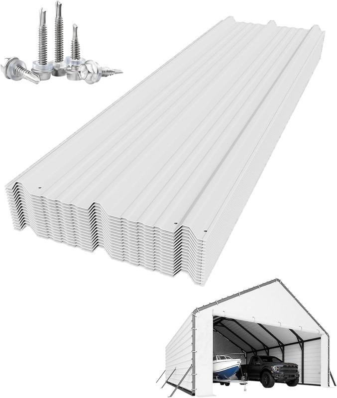Roofing Panels for Metal Carport 20x25 ft, 20x20 ft, Heavy Duty Metal Carport Kits, 27 Ga. Galvanized Steel Ribbed Panels, 60.23 in x 19.68 in, 16 Pcs, White