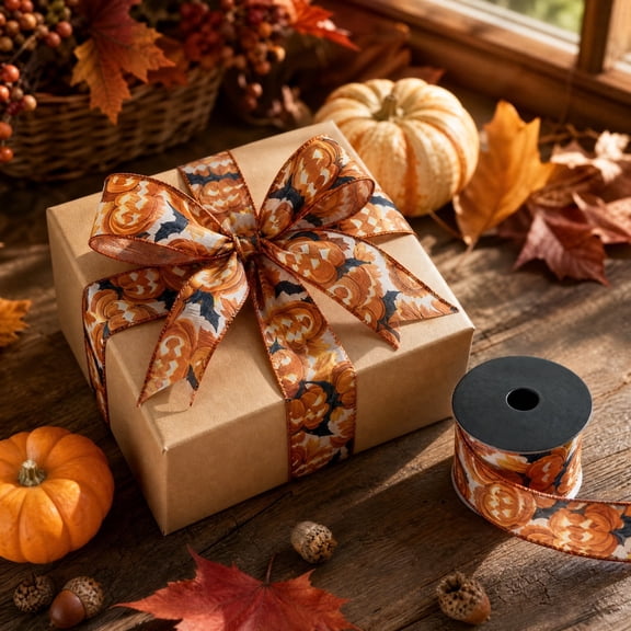 Orange Black Spiderweb Gift Wrapping Ribbon, Halloween Wired Edge Craft Ribbon for Fall Wreath DIY Decor, 141.73x2.48in