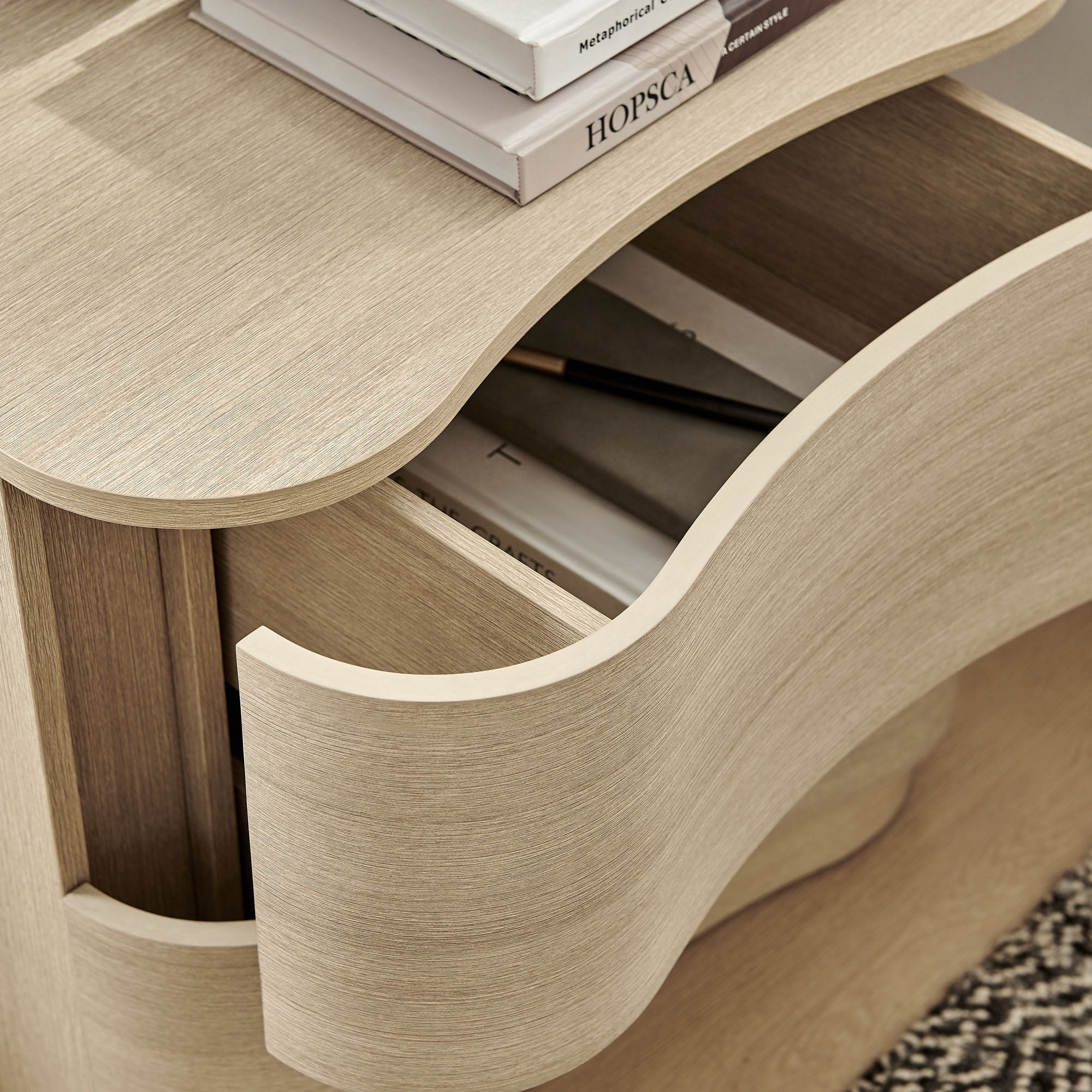 Mirae 2-Drawer Curved Nightstand in Brushed Light Oak
