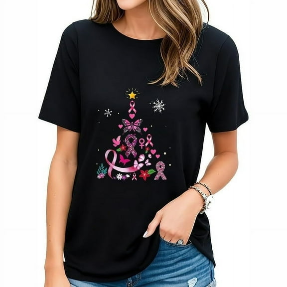 Womens Breast Cancer Awareness Christmas Tree Xmas Gift T Shirt Black