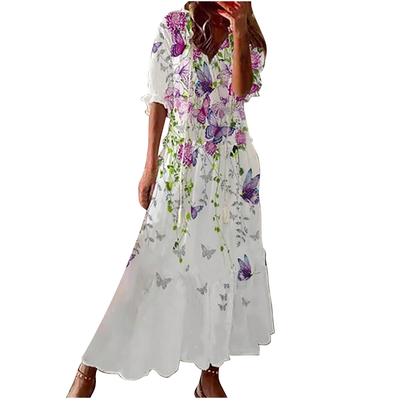 QUYUON Women Boho Maxi Dress Summer Floral Printed V-Neck Ruffle Short ...