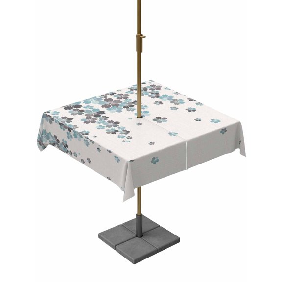Outdoor Tablecloth with Umbrella Hole for Patio/Picnic/Party/Camping, Spring Cherry Flowers Waterproof Table Cloth Square Cover Washable, Blue-green Gray Floral Blossom Beige (60"x 60")