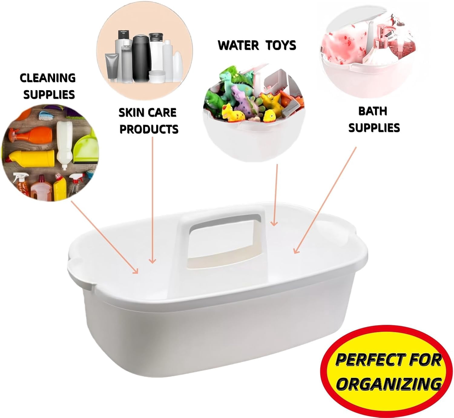 Large Cleaning Caddy Portable Shower Basket Supply Organizer with Handle, Plastic Bucket Tool Storage for Bathroom, Bedroom, Kitchen, Under Sink Storage (White)