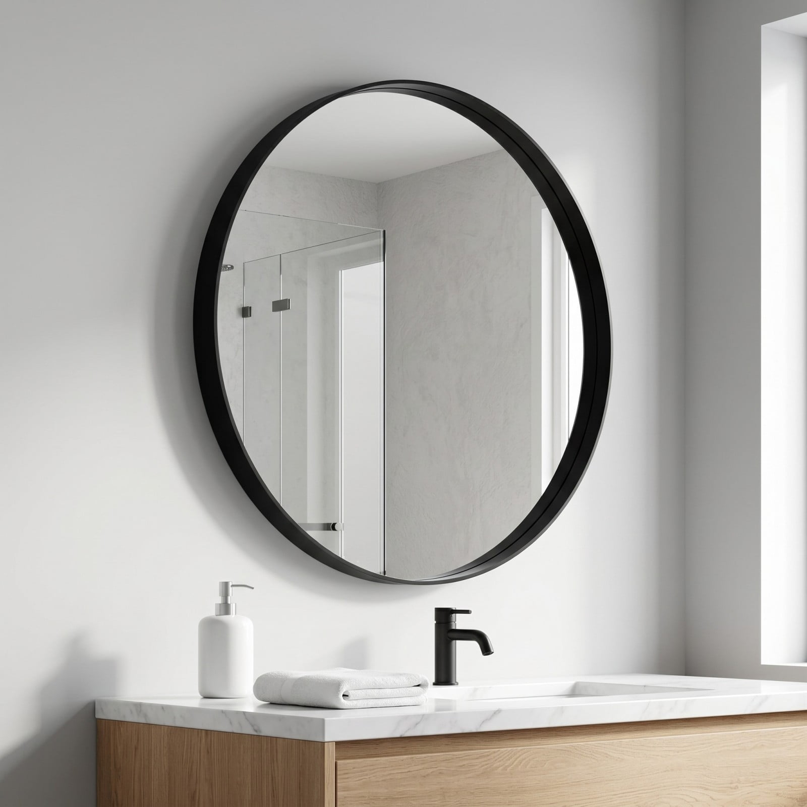 GRAHMCY 20" Round Bathroom Mirror Vanity Wall Mounted Mirror with Deep Frame, Black